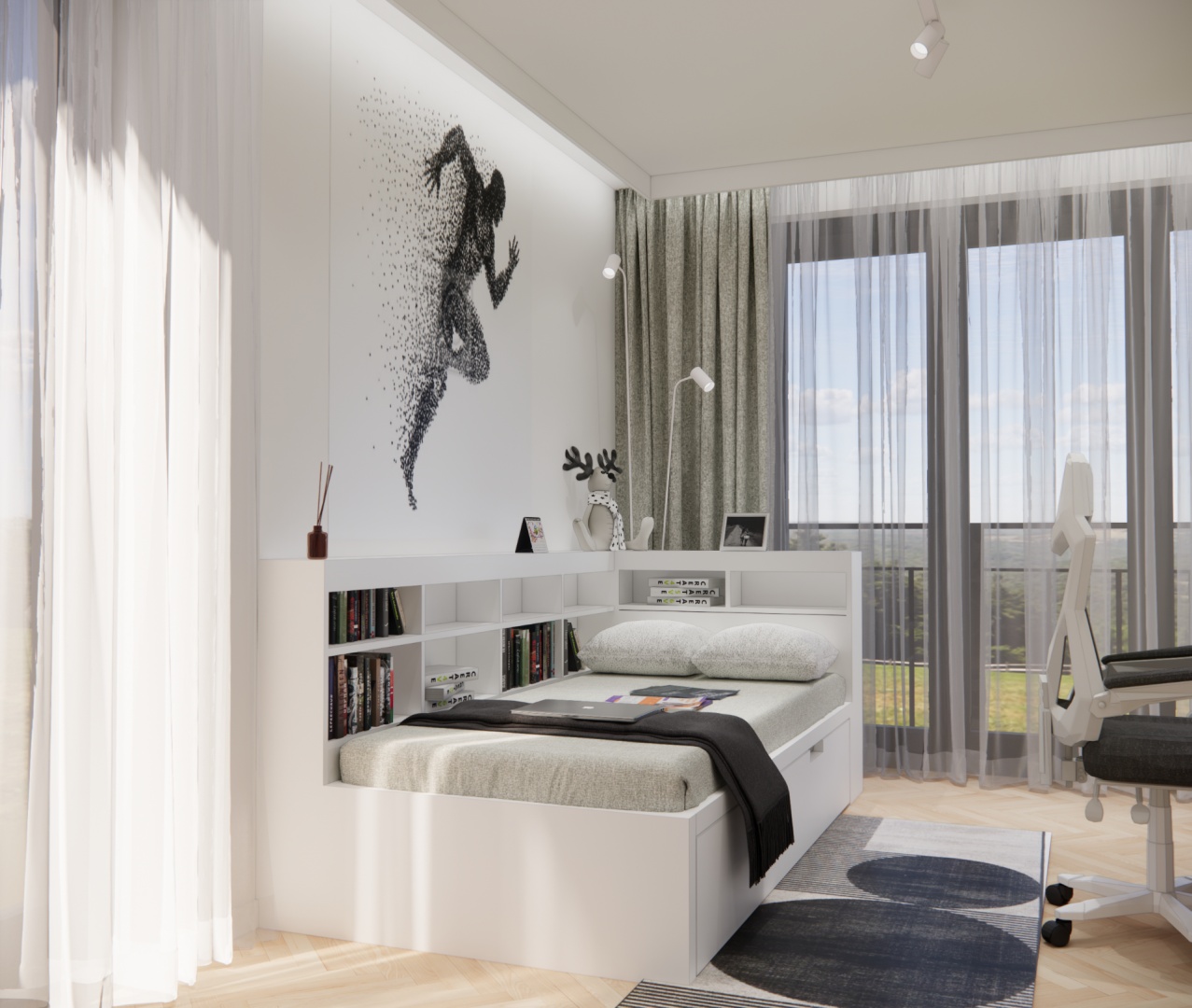 Nowoczesny pokój młodzieżowy – łóżko z biblioteczką w zabudowie, biało-szara kolorystyka i obraz sportowca na ścianie.